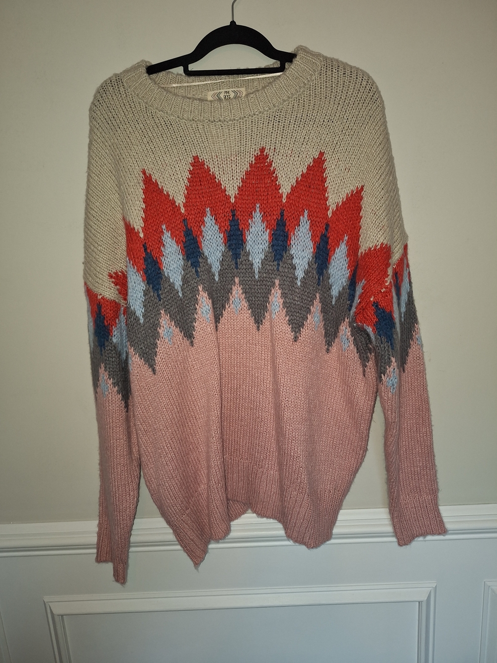 Cozy Colorblock Geometric Knit Sweater - Pink & Cream